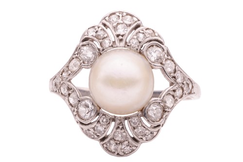 Lot 182 - A Belle Epoque pearl and diamond ring, centred...