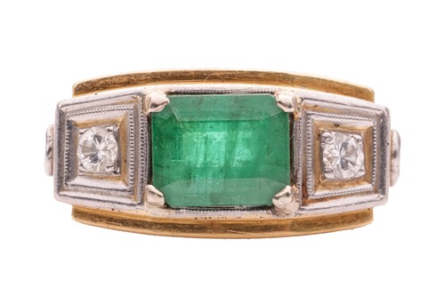 Lot 106 - An emerald and diamond trilogy ring, claw-set...