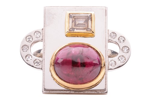 Lot 177 - A ruby and diamond-set ring, of modernist...