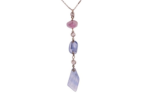Lot 89 - A sapphire and diamond lavaliere necklace, the...