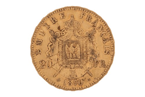 Lot 15 - A France 1870 gold 20 Francs coin, with...