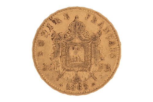 Lot 13 - A France 1863 gold 20 Francs coin, with...