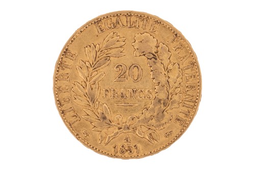 Lot 12 - A France 1851 gold 20 Francs coin, with the...