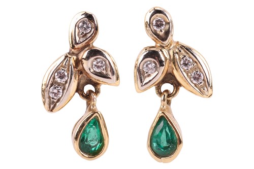 Lot 24 - A pair of emerald and diamond drop earrings;...