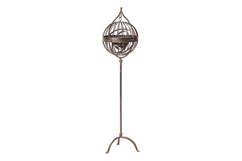 Lot 212 - A wrought iron maritime gimbal whale oil lamp...