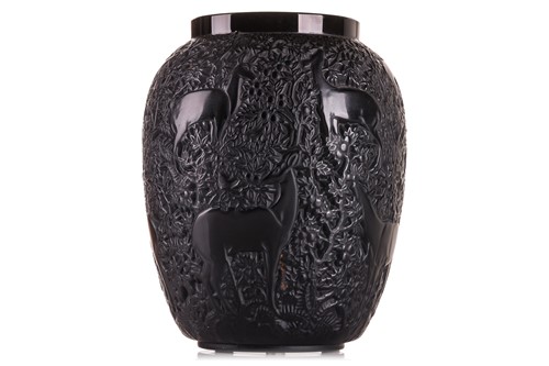 Lot 239 - A Lalique 'Biches' pattern black glass vase,...