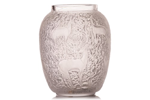 Lot 216 - A Lalique 'Biches' pattern frosted glass vase,...