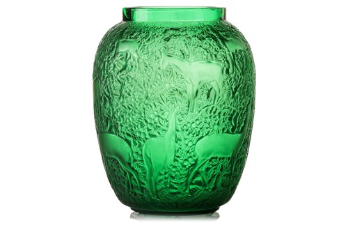 Lot 149 - A Lalique 'Biches' pattern green glass vase,...