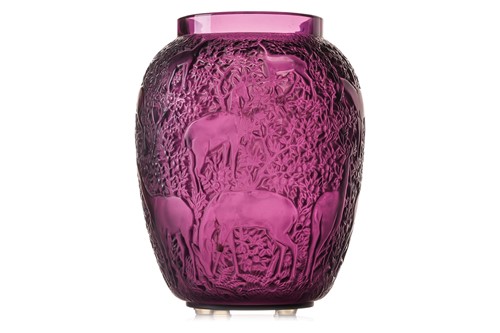 Lot 234 - A Lalique 'Biches' pattern purple glass vase,...