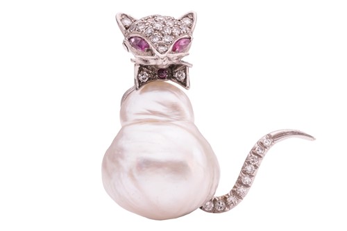 Lot 39 - A baroque pearl, diamond and ruby cat brooch,...
