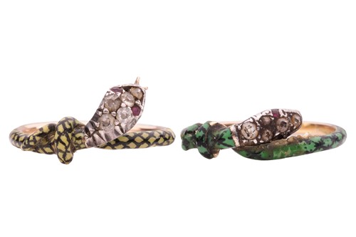Lot 131 - A pair of Victorian enamel snake rings; both...