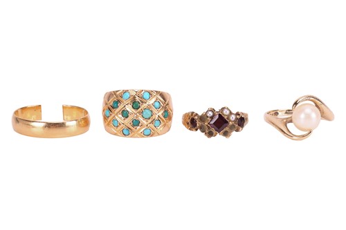 Lot 2 - Three gem-set dress rings and a wedding band;...
