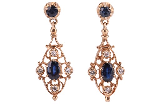 Lot 132 - A pair of sapphire and diamond-set drop...