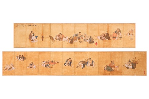 Lot 42 - A large hand-painted wooden frieze depicting...
