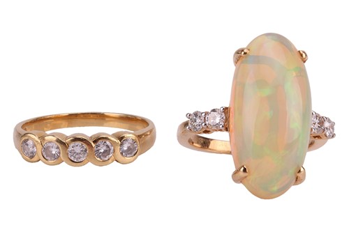 Lot 146 - An opal dress ring and a diamond five-stone...