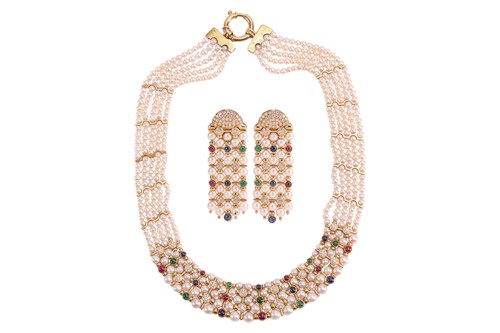 Lot 52 - A five-row pearl and multi-gem set necklace...