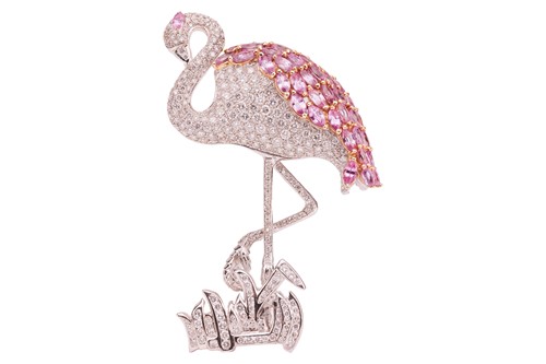 Lot 161 - A diamond and pink sapphire flamingo brooch,...