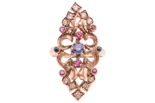 Lot 86 - A gem-set panel ring, the navette openwork...