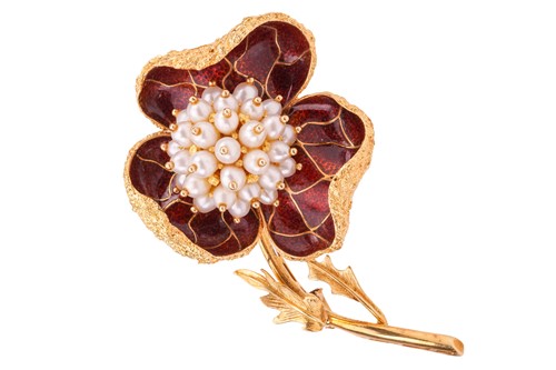 Lot 159 - An enamel and pearl floral brooch; the...