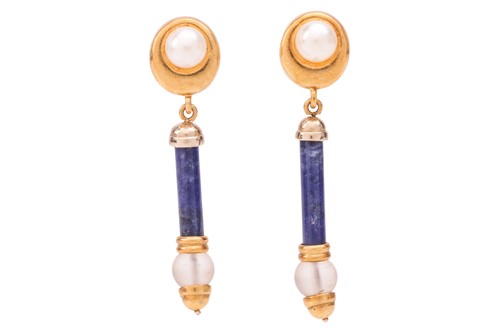Lot 185 - A pair of drop earrings set with pearl, lapis...