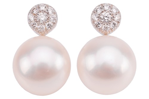 Lot 197 - A pair of cultured pearl and diamond earrings,...