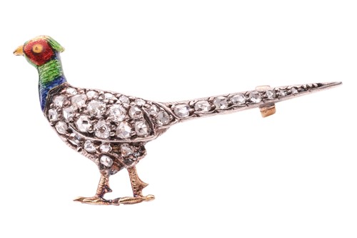Lot 47 - A pheasant brooch, comprising an enamel head,...