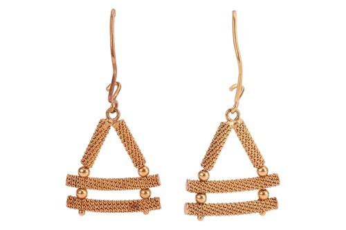 Lot 14 - A pair of triangular drop earrings, comprising...