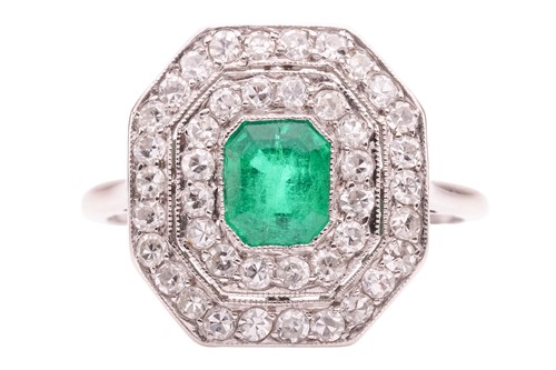 Lot 220 - An Art Deco emerald and diamond panel ring,...