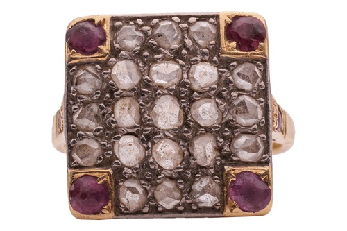 Lot 141 - A diamond and ruby panel ring, comprising a...
