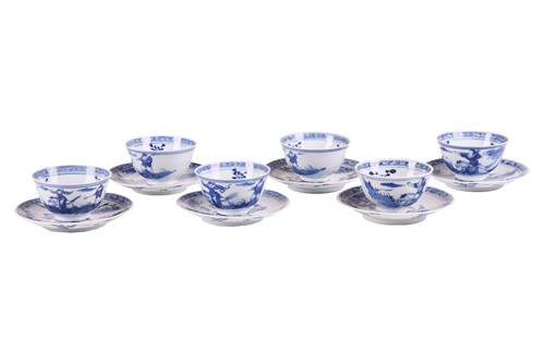 Lot 77 - A set of six Chinese Kangxi blue and white tea...