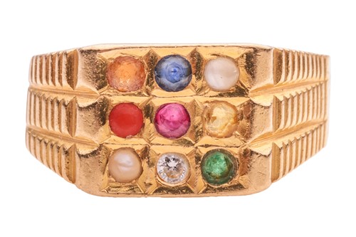 Lot 73 - A nine-stone Navaratna ring in 22ct yellow...