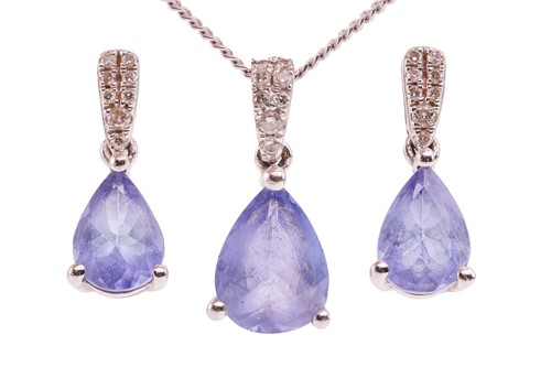 Lot 16 - A tanzanite-set pendant and earrings suite,...