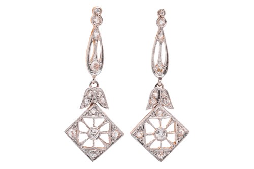 Lot 88 - A pair of diamond-set pendant clip-on earrings,...