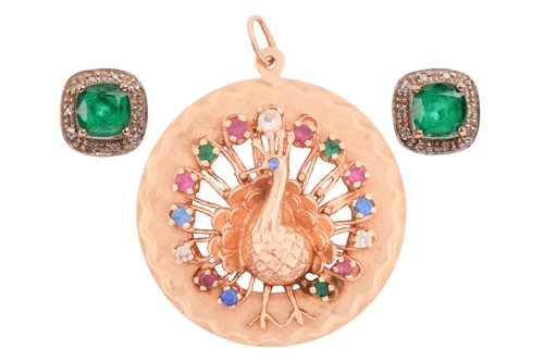 Lot 24 - A peacock pendant and a pair of synthetic...