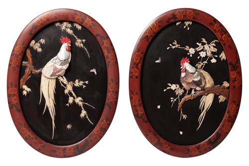 Lot 53 - A pair of Japanese Shibiyama work lacquer oval...