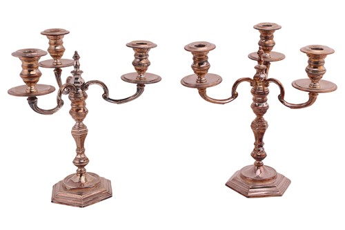 Lot 333 - A pair of modern silver three-light candelabra,...