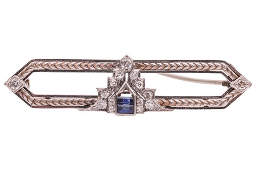 Lot 134 - An Art Deco synthetic sapphire and diamond bar...