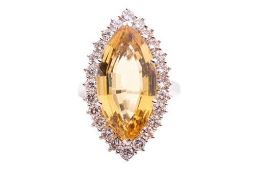 Lot 108 - A heliodor and diamond halo ring, centred with...