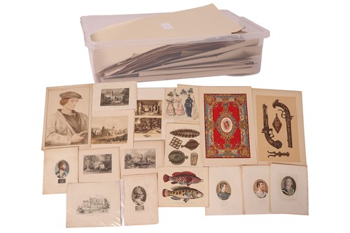 Lot 143 - A box of loose bookplates, lithographs and...