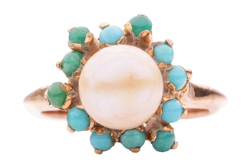 Lot 87 - A turquoise and cultured pearl dress ring, of...