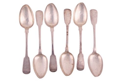 Lot 352 - A set of six George IV silver Newcastle fiddle...