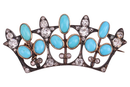 Lot 211 - A coronet brooch set with turquoise and...