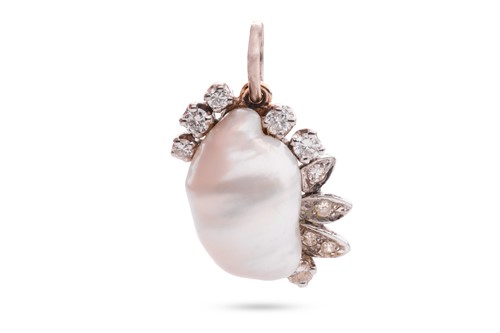 Lot 141 - A baroque pearl and diamond pendant, the...