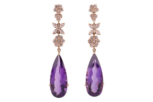 Lot 176 - A pair of amethyst and diamond drop earrings,...