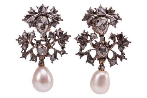 Lot 100 - A pair of George II diamond and pearl drop...