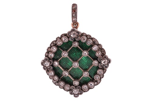 Lot 1 - A rose-cut diamond and green enamel brooch cum...