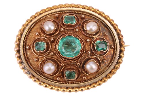 Lot 185 - An emerald and split pearl oval panel brooch;...