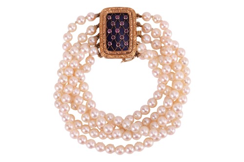Lot 145 - A five-row cultured pearl bracelet; featuring...