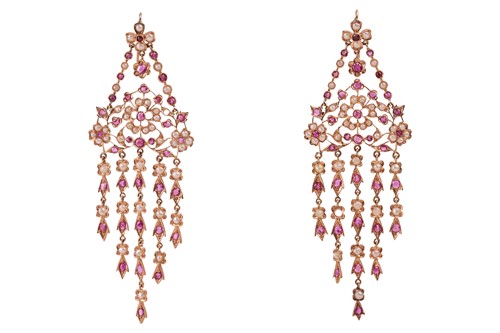 Lot 37 - A pair of chandelier earrings set with seed...