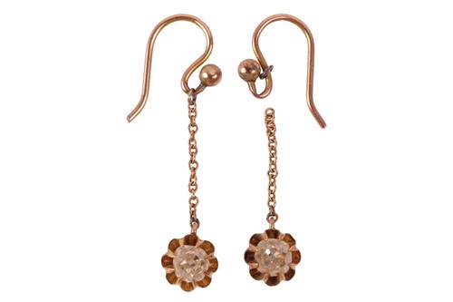 Lot 192 - A pair of old mine-cut diamond drop earrings,...
